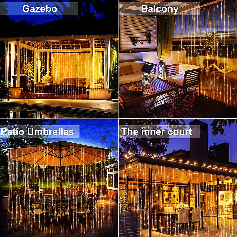 300 LED Solar Curtain Lights Outdoor Fairy Garland 8 Modes