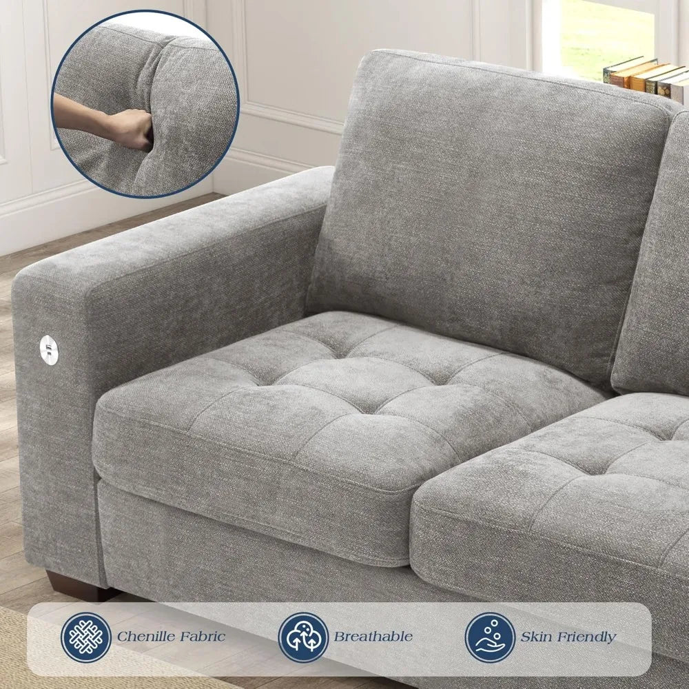 Living Room Sofas: Chenille Loveseat and Small 3-seater with USB ports and Removable Covers, Solid Wood Frame