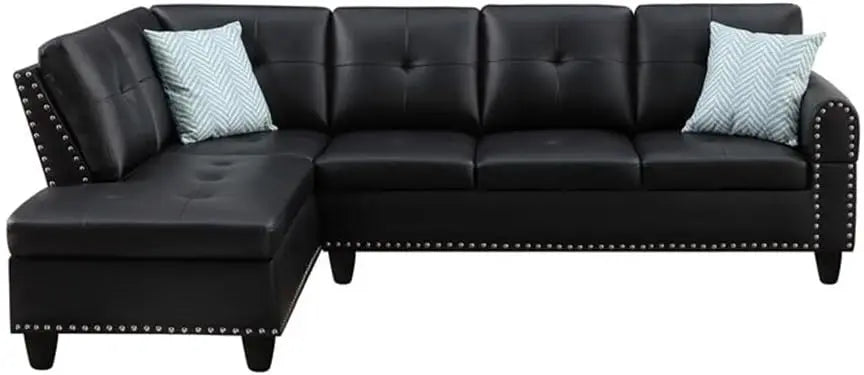 L-Shaped Faux Leather Sectional Sofa With Lift Top Ottoman Storage, Black