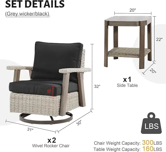 3 Piece Patio Set With High Back Rattan Glider Chairs