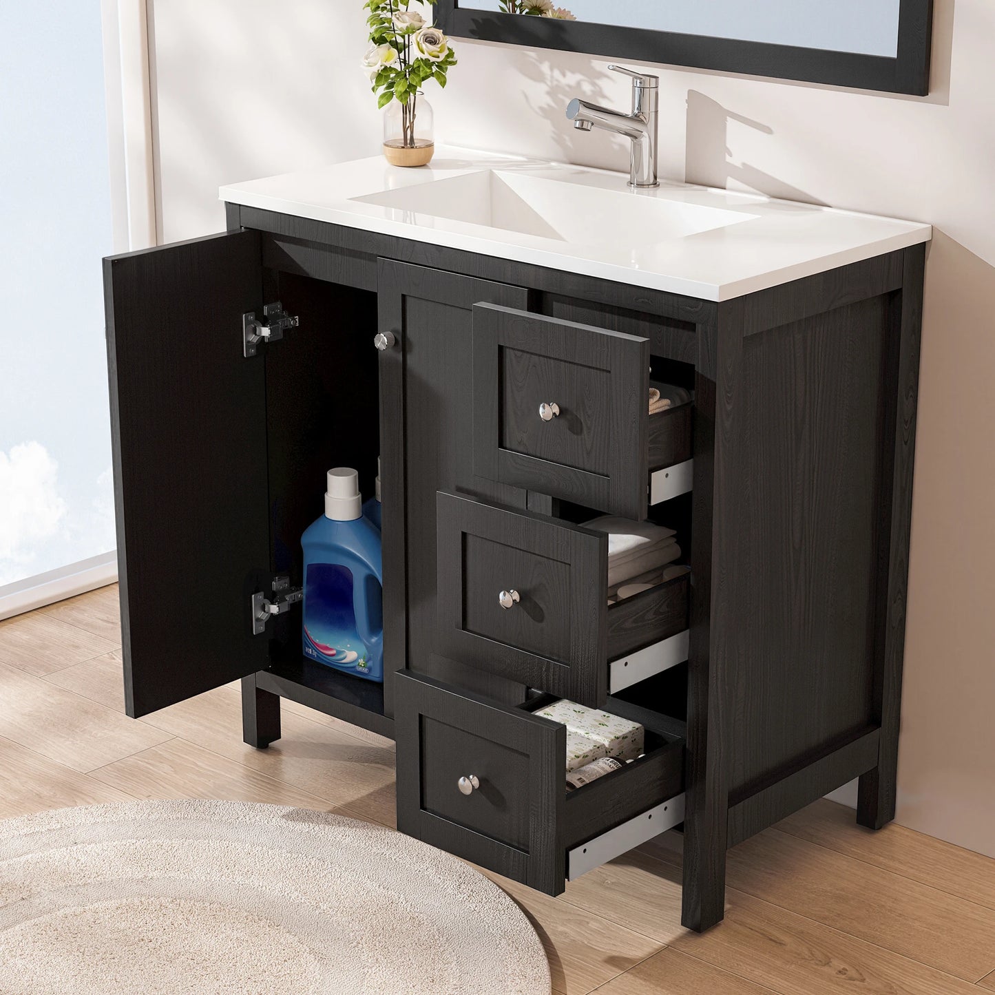 35.5" Bathroom Vanity , Modern Bathroom Cabinet with Basin, Bathroom Storage Cabinet with Soft Closing Doors and 3 Drawers