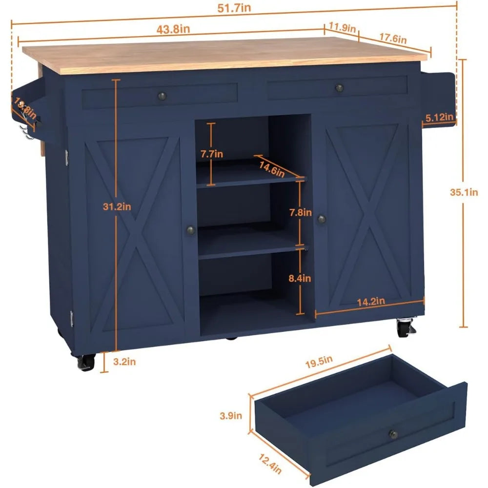 Blue Kitchen Island On Wheels With Drop Leaf Countertop