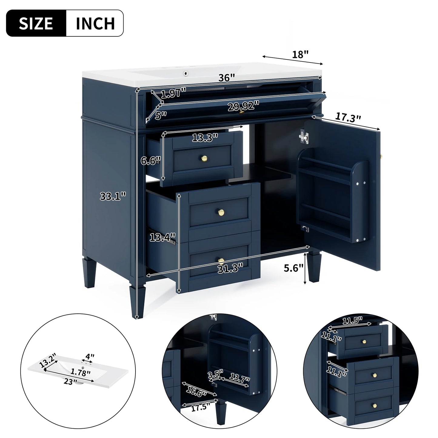 SHKL 36 Inch Modern Black Bathroom Vanity With Ceramic Sink