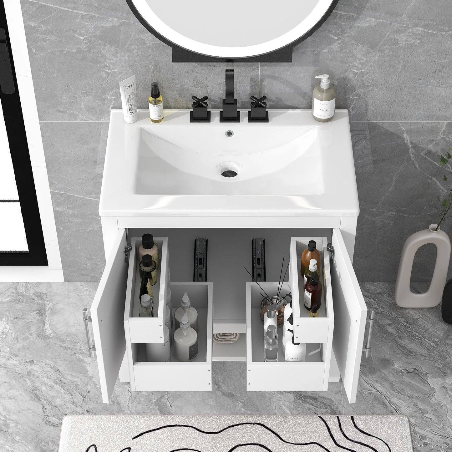 30" Bathroom Vanity Sink, White, MDF Cabinet With Doors