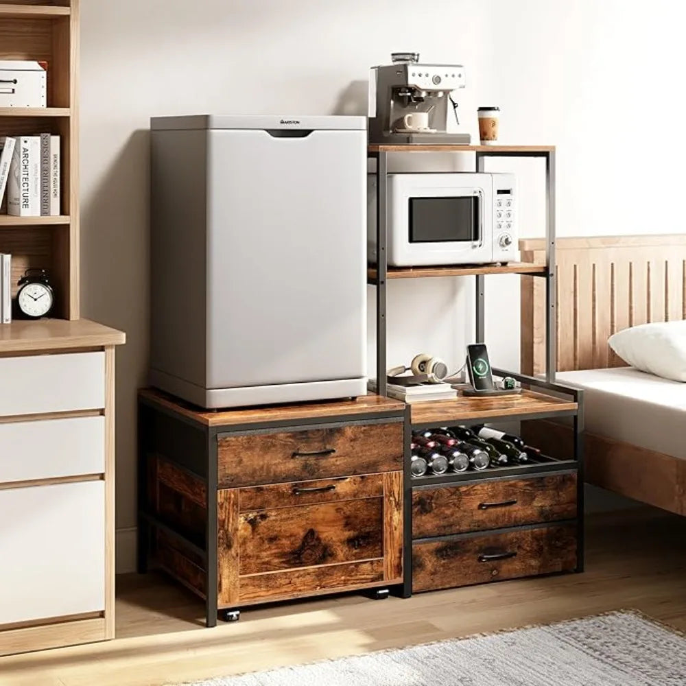 Mini Fridge Stand with Wine Rack, Kitchen Bakers Rack with Power Outlet, Microwave Oven Stand, Coffee Bar, Movable Drawers