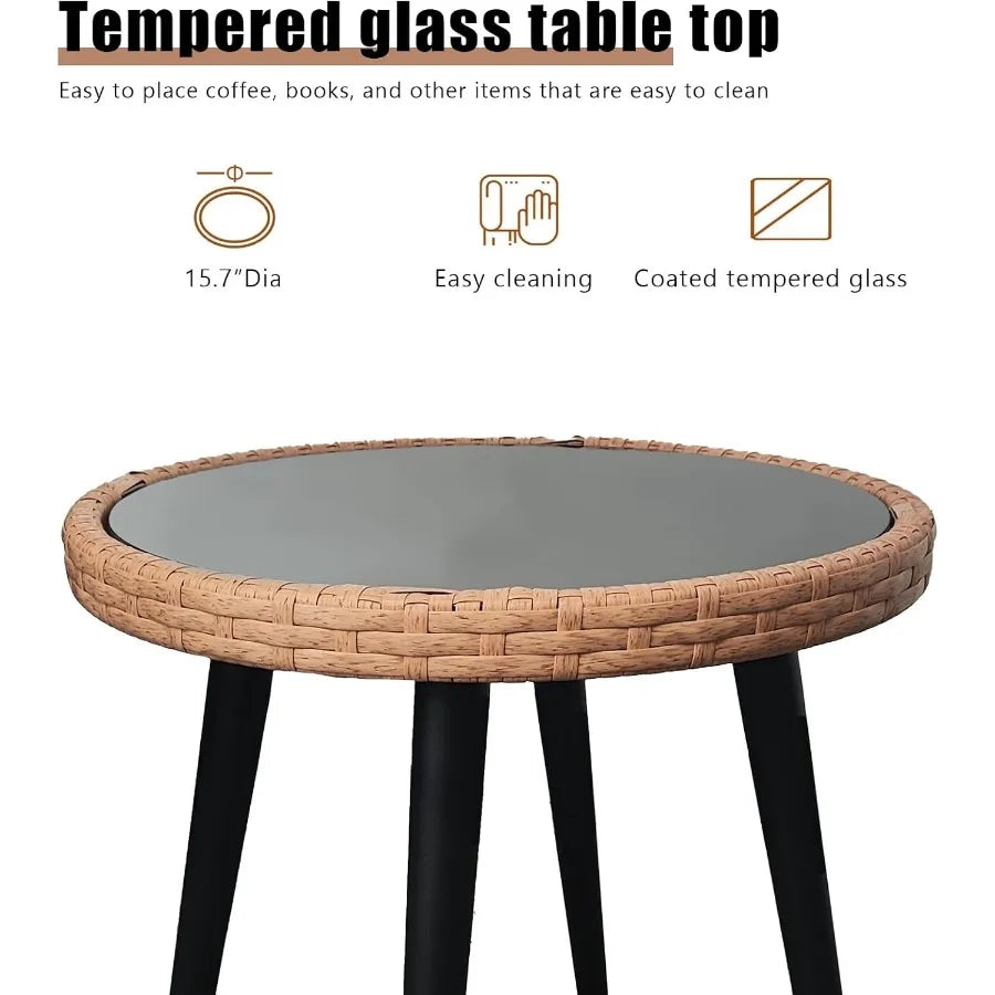 3 Piece Patio Bistro Set WeatherResistant Rattan GlassTabletop AllWeather Outdoor