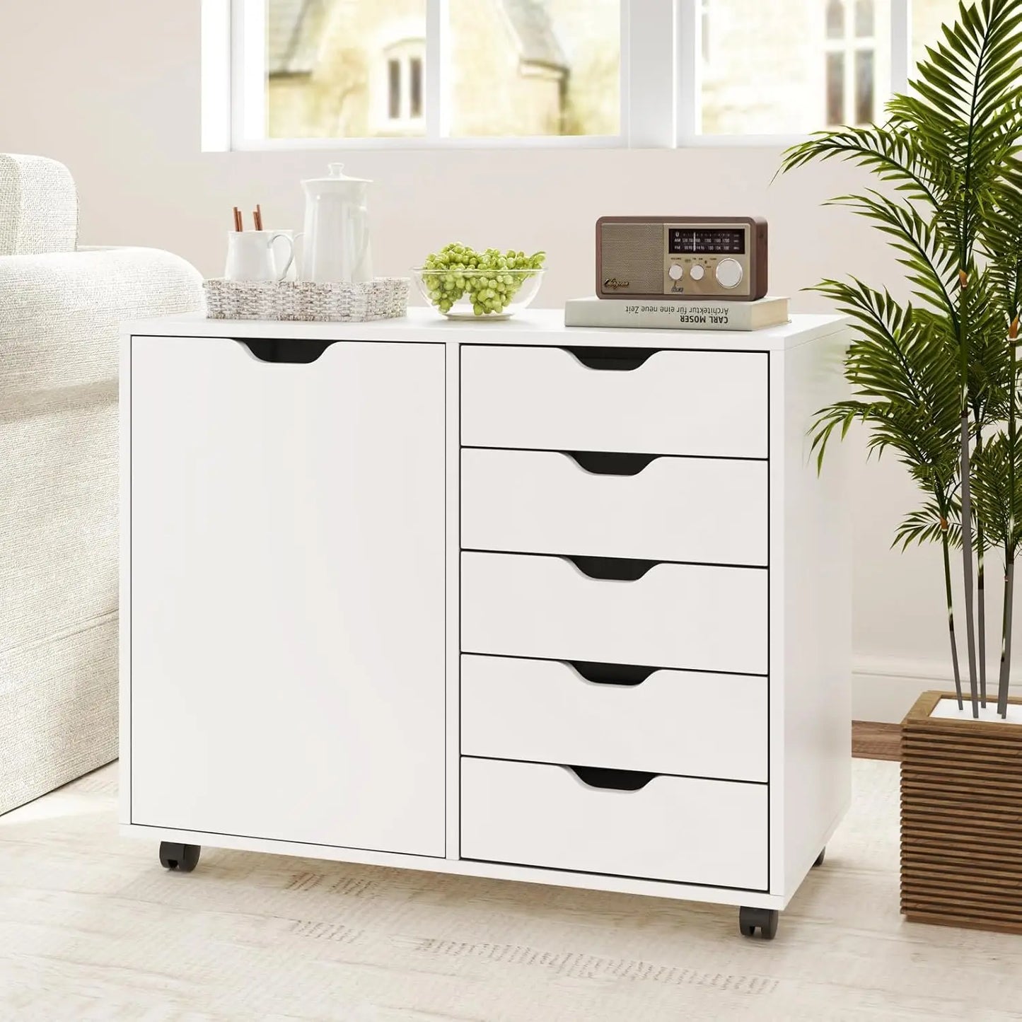 Storage Cabinet, White, Five Drawer Rolling Cabinet with Wheels (Closet or Office)