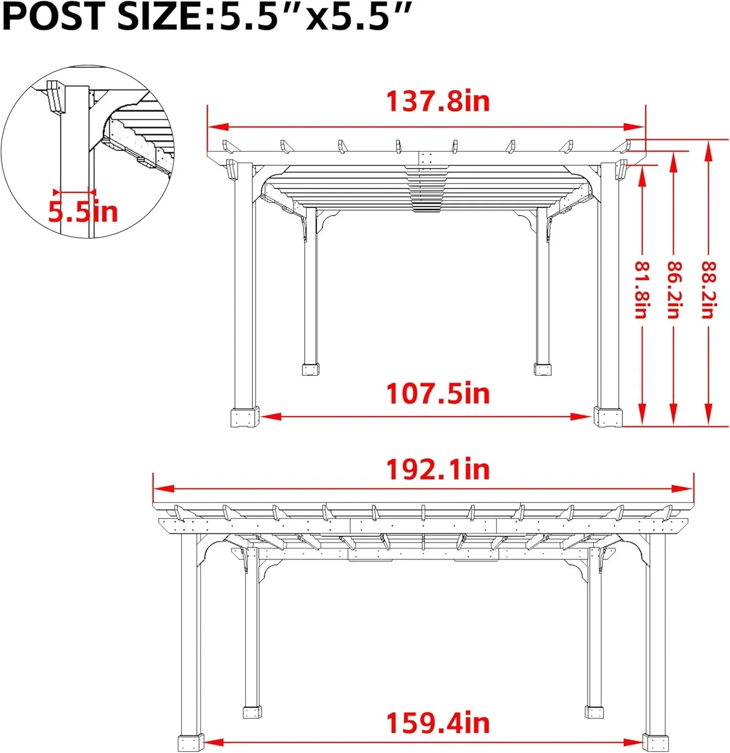 Cedar Wood Pergola 12x16 Ft Flat Roof Gazebo Outdoor Shelter