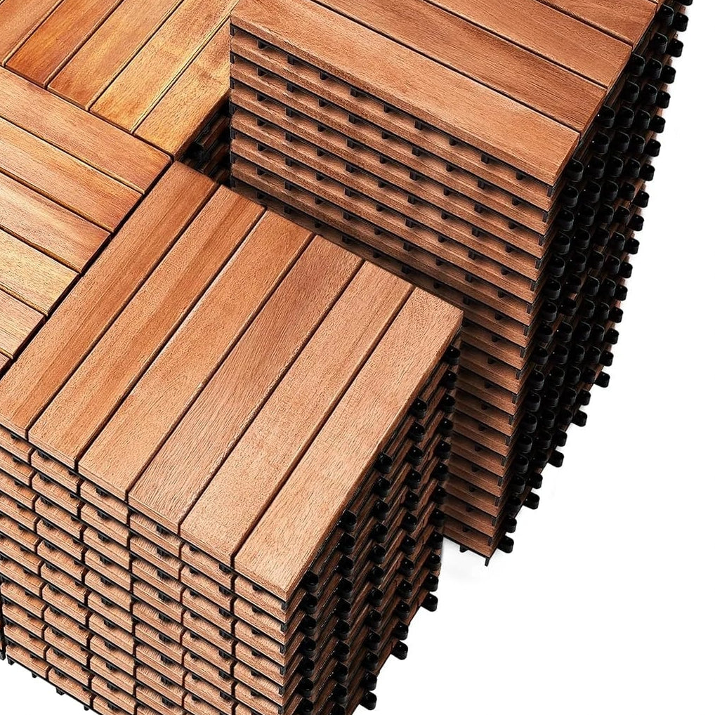 Acacia Wood Interlocking Deck Tiles 12x12 Outdoor All Weather Flooring
