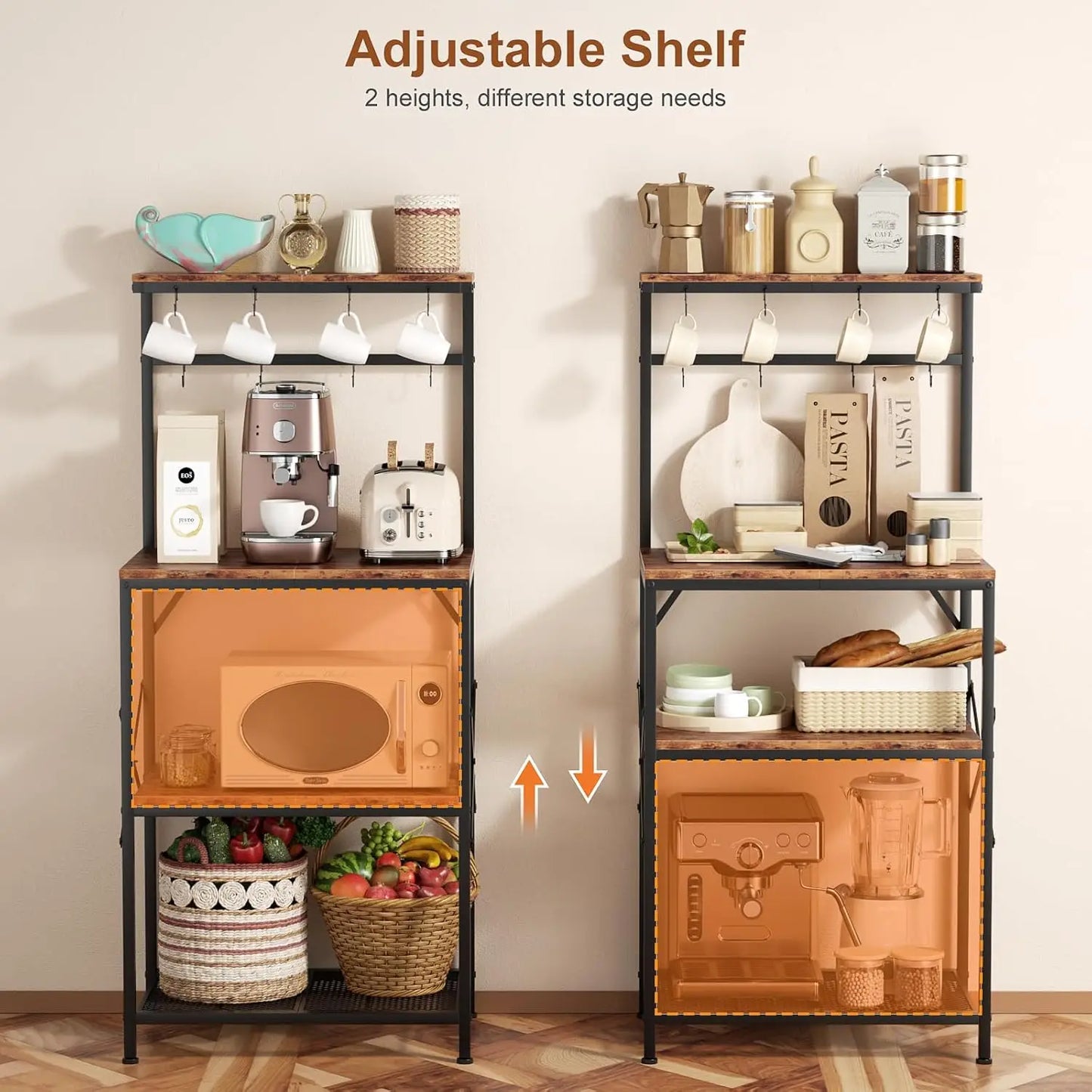 Bakers Rack with Storage Shelves, Small Coffee Bar Table with 8 Hooks, 4 Tiers Microwave Stand Station with Adjustable Shelves