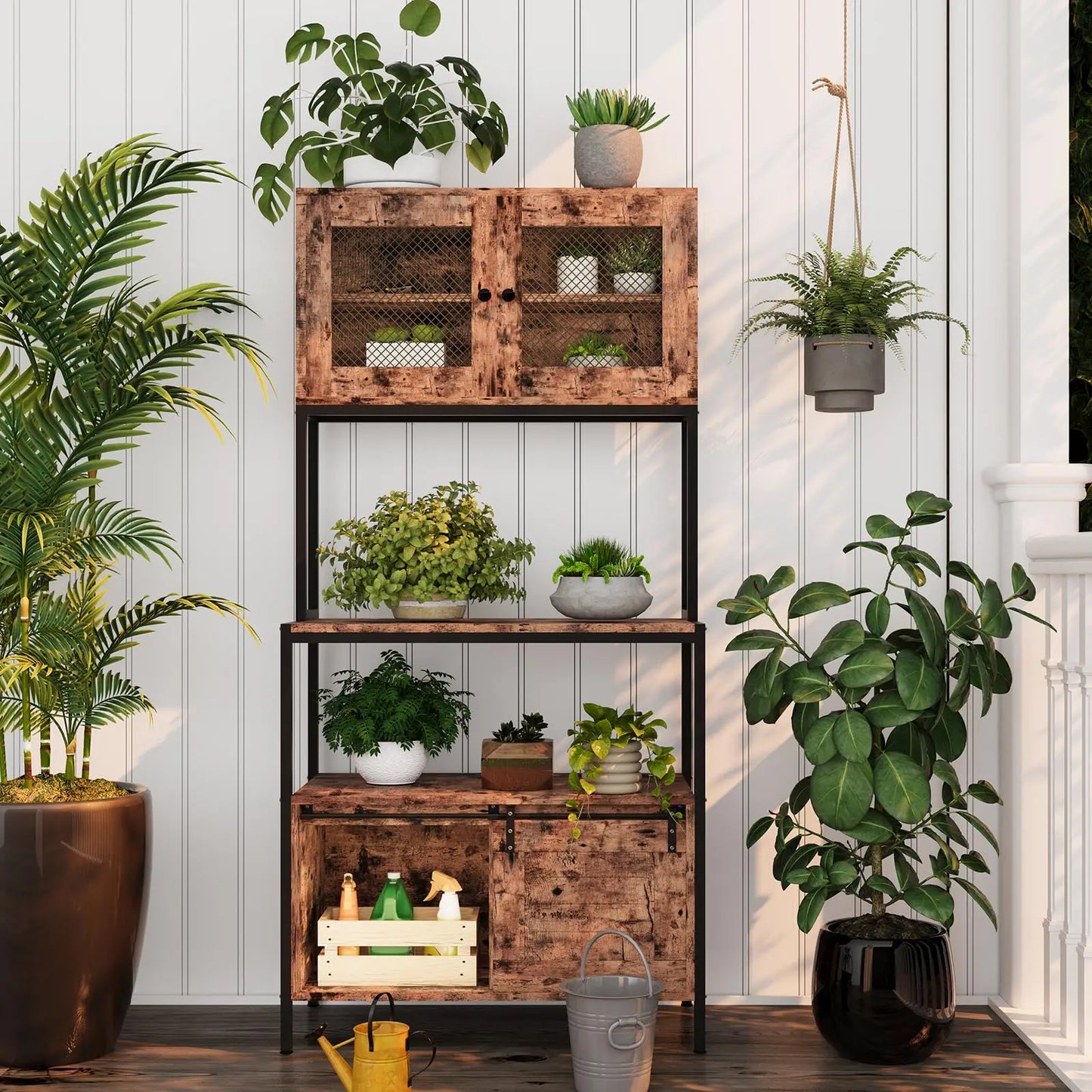 63'' Tall Farmhouse Bakers Rack, 5 Tier Industrial Microwave Stand with Charging Station & Cabinets, Compact Kitchen Utility