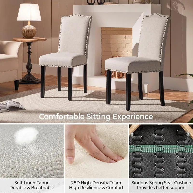 Dining Chairs, Set of Six, Modern Beige Fabric Upholstered