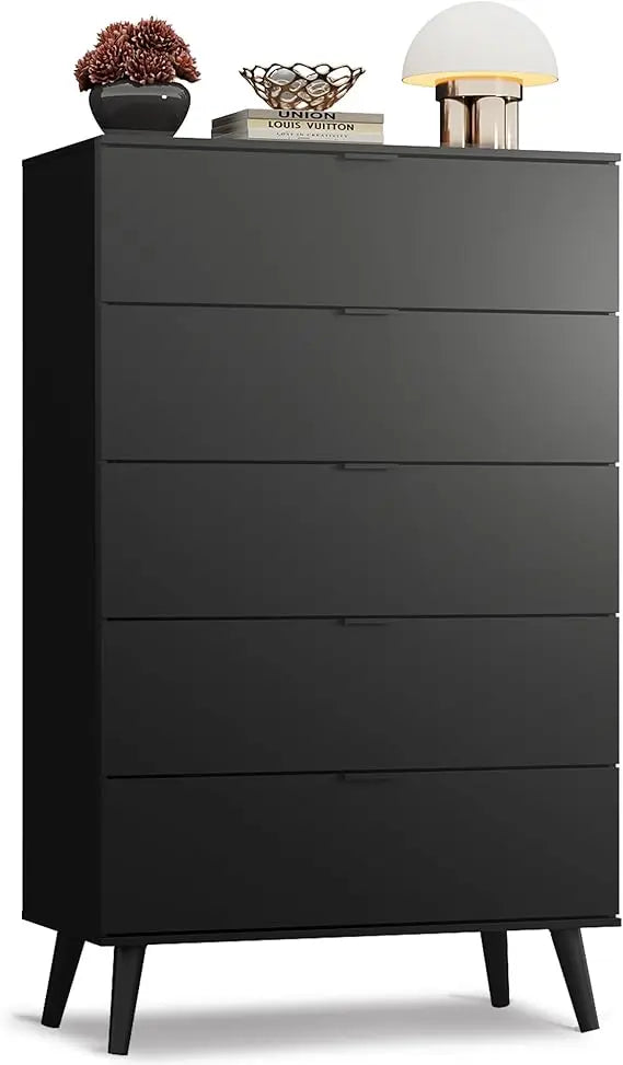 Black 5 Drawer Tall Dresser Storage With Metal Handles