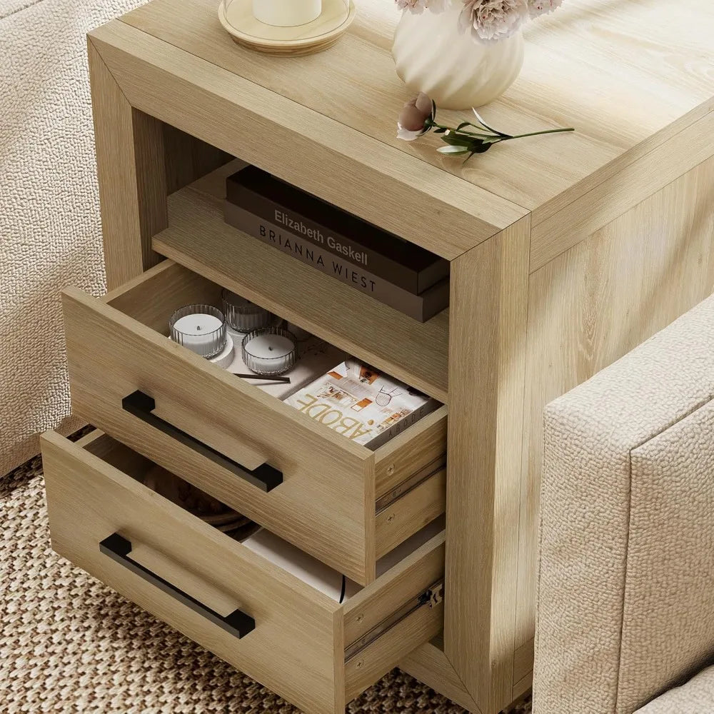 2 Drawer End Table or Nightstand, Hazel Oak, Rustic, Open Shelf