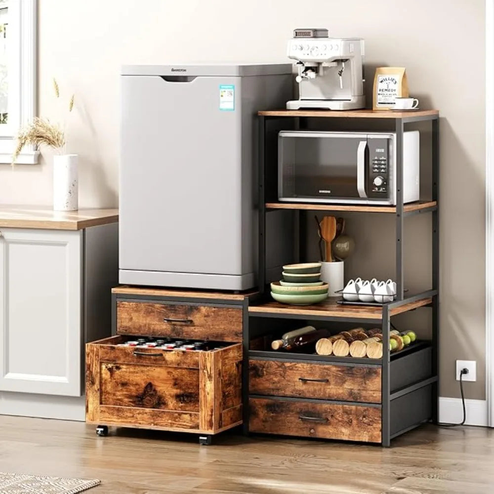 Mini Fridge Stand with Wine Rack, Kitchen Bakers Rack with Power Outlet, Microwave Oven Stand, Coffee Bar, Movable Drawers