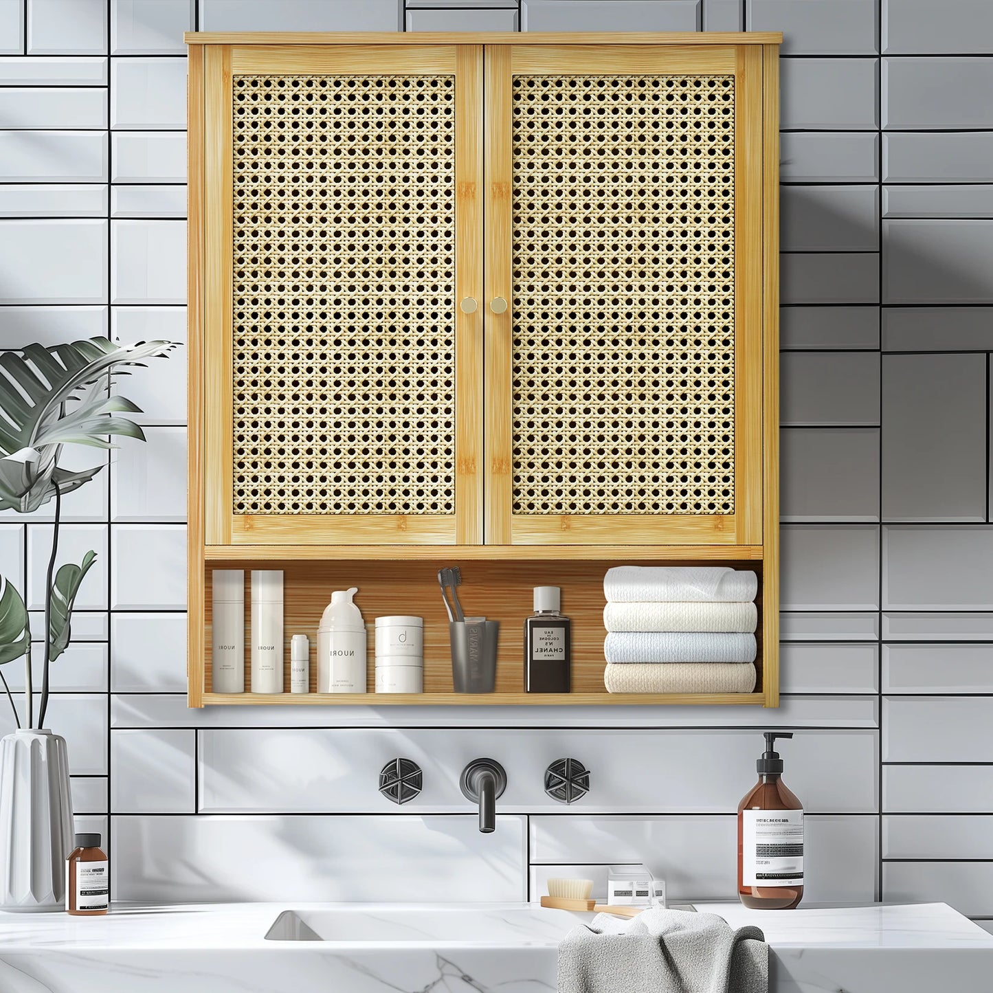 Solid Wood Bamboo Wall Cabinet Over Toilet With 3 Shelves