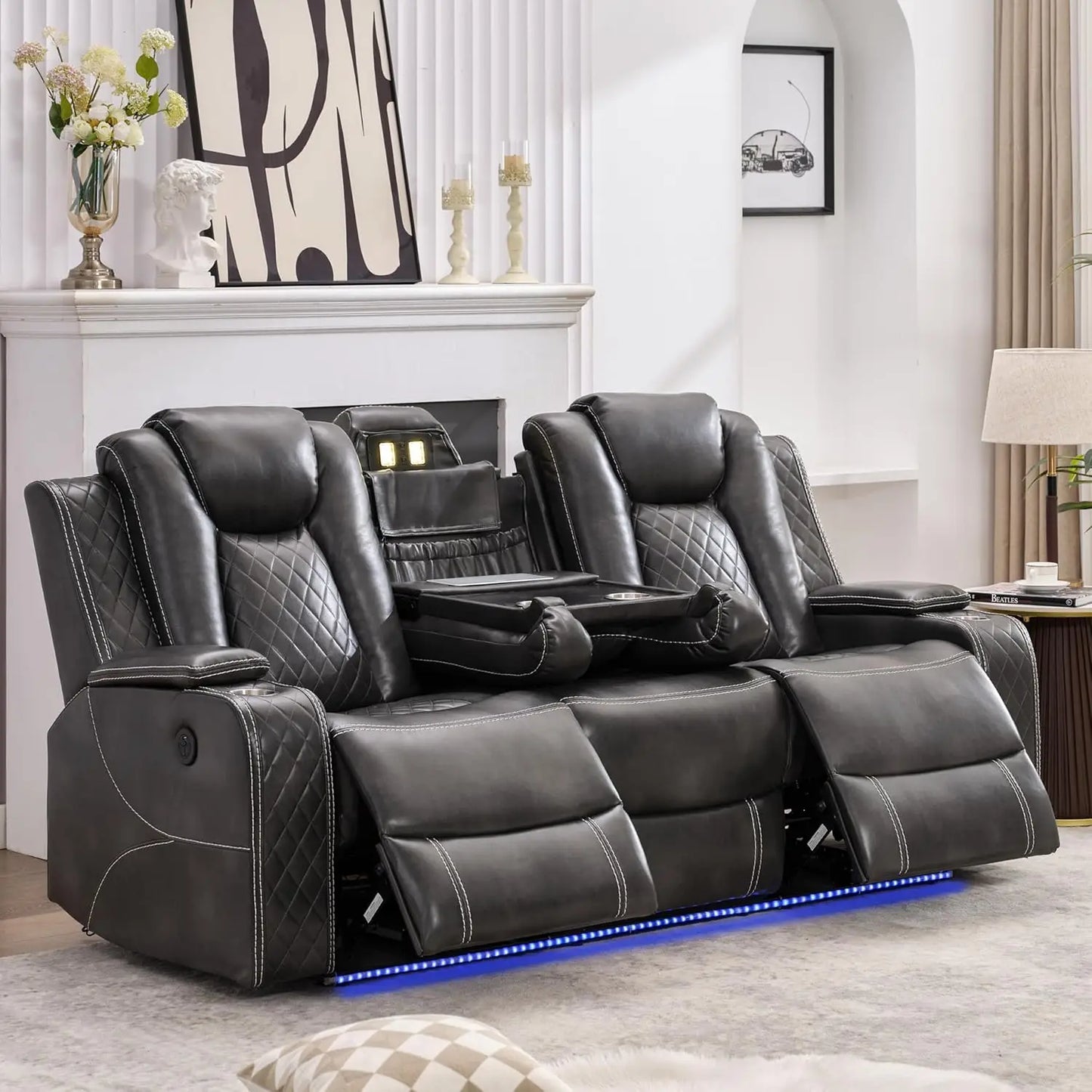 TODRANI Power Reclining Sofa w/ Wireless Charger, LED Floor Lights, Reading Light, Drop-down Table, USB/Type-C Port