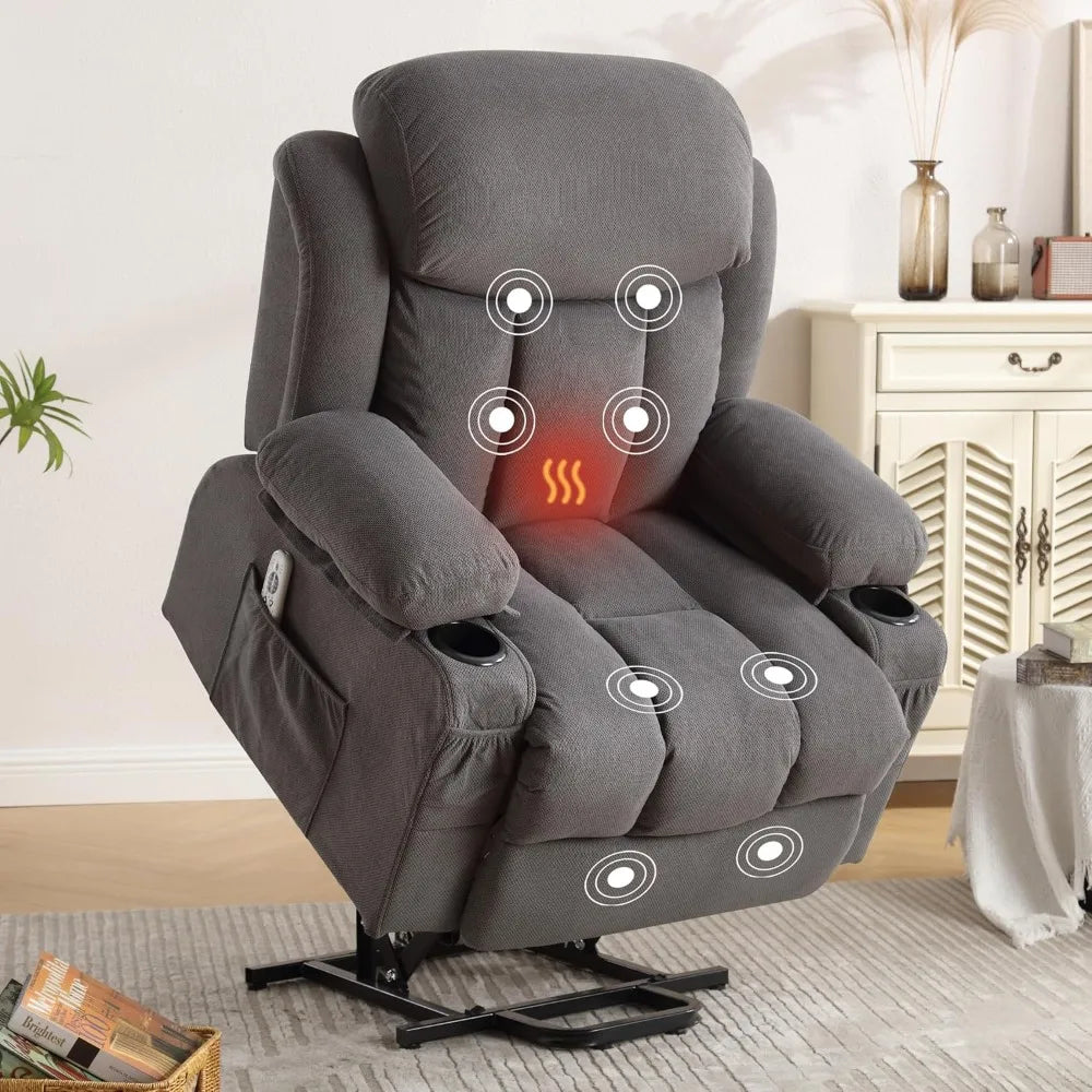Power Lift Recliner Chair with Heat and Massage, Electric, Fabric Recliner Chair for Elderly with Side Pocket, USB Charge Port