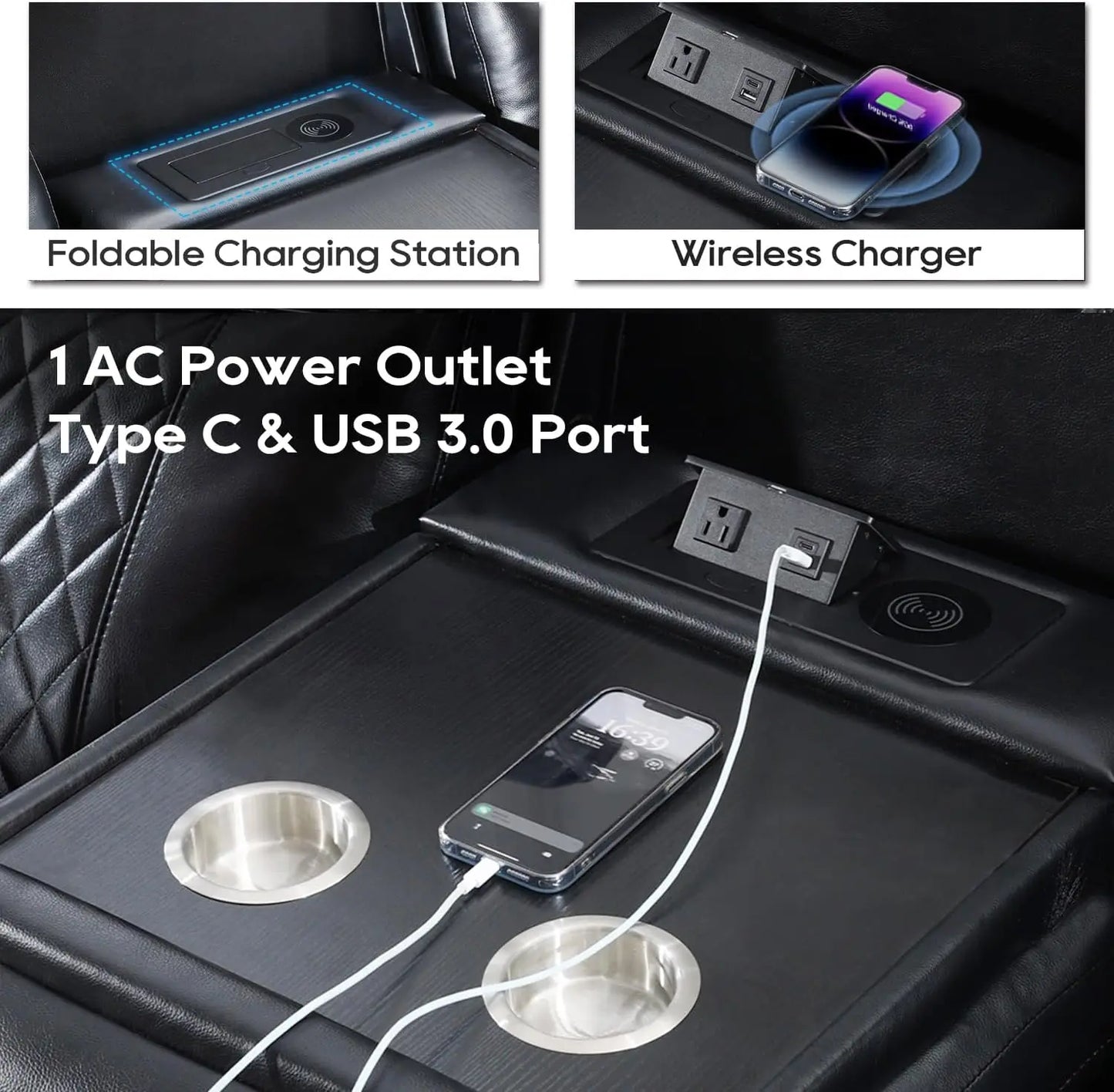 TODRANI Power Reclining Sofa w/ Wireless Charger, LED Floor Lights, Reading Light, Drop-down Table, USB/Type-C Port