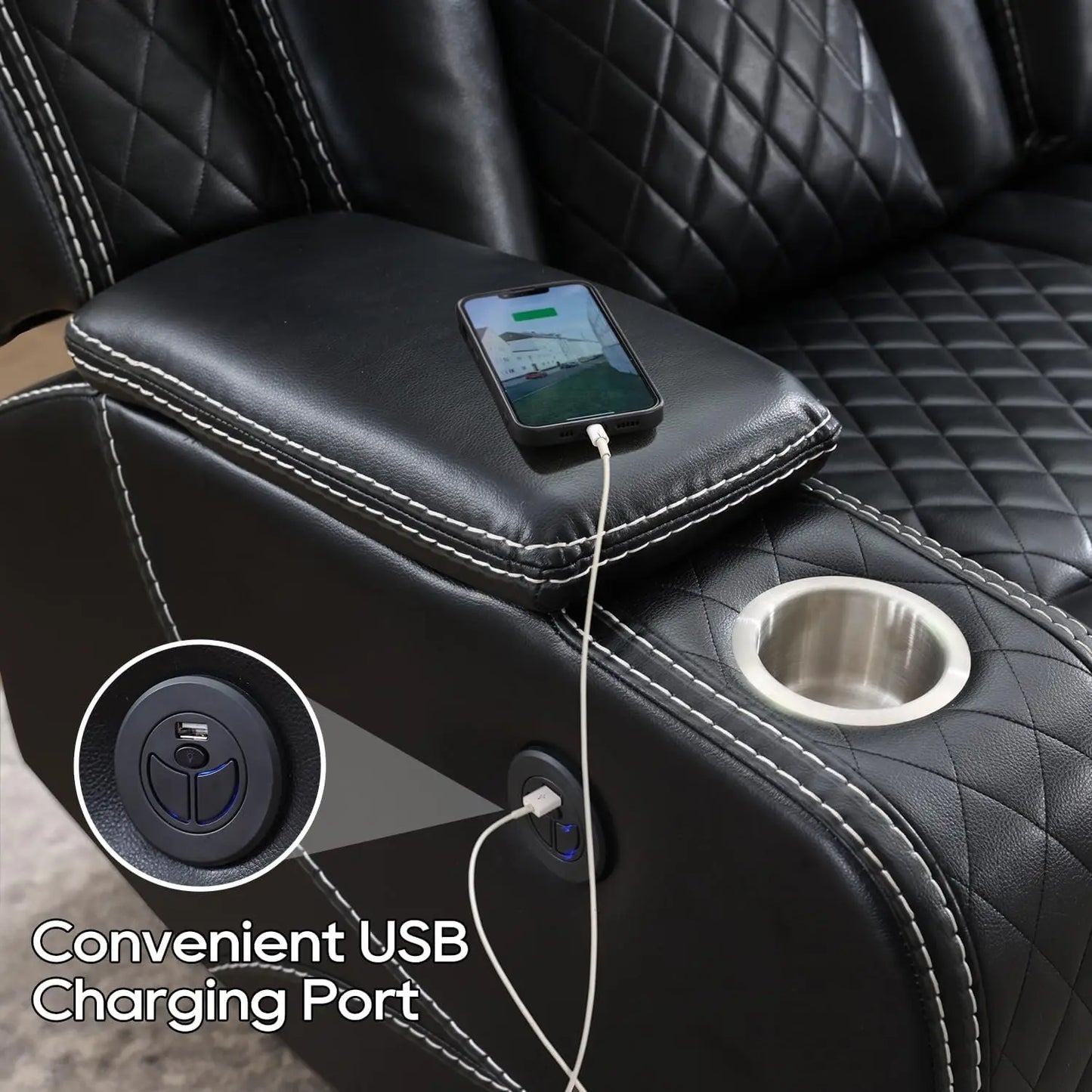 TODRANI Power Reclining Sofa w/ Wireless Charger, LED Floor Lights, Reading Light, Drop-down Table, USB/Type-C Port