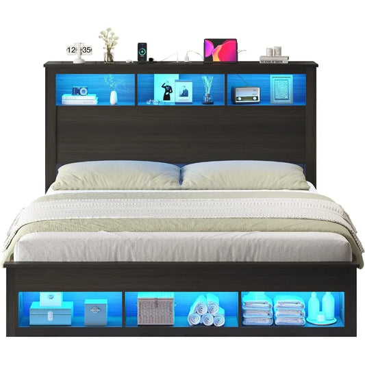 Queen Size Bed With Bookcase Storage Headboard Platform LED