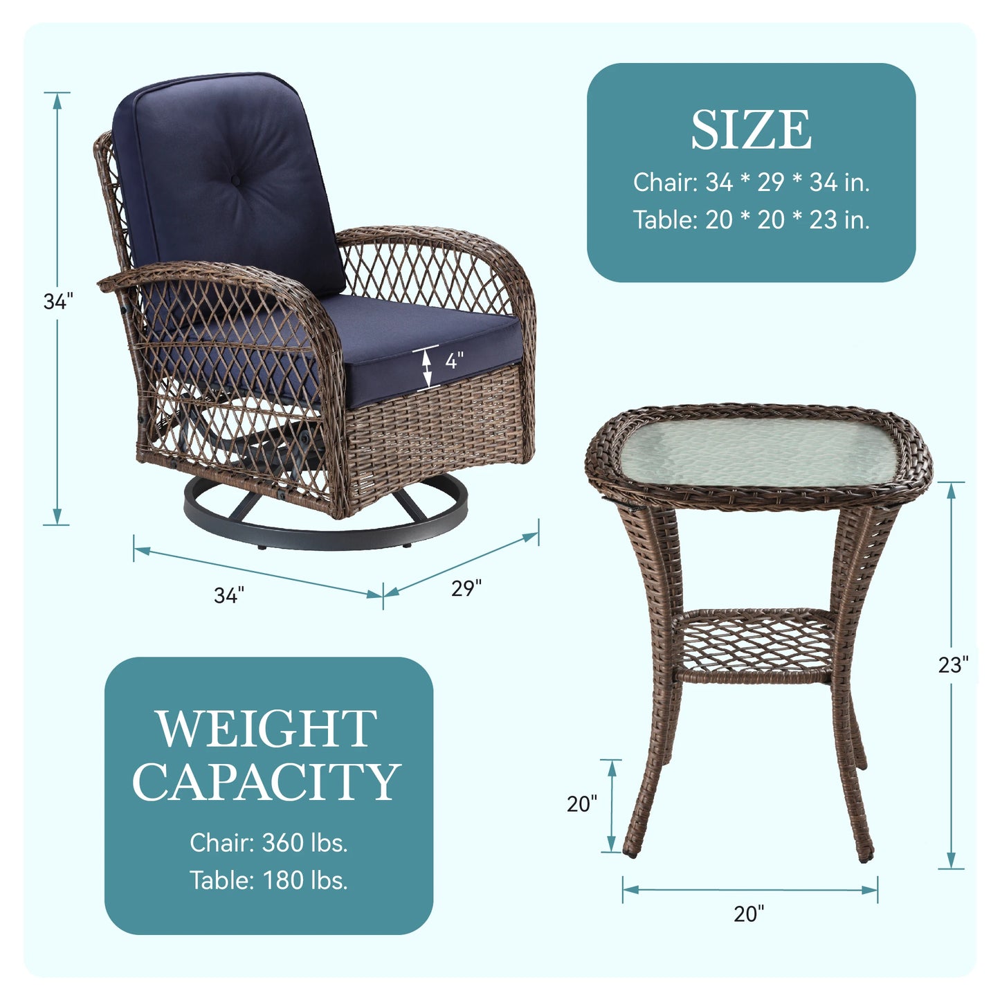 3 Piece Patio Furniture Set, Patio Bistro Set, Outdoor Rotating Rocking Chair Set, Cozy and Padded Cushions