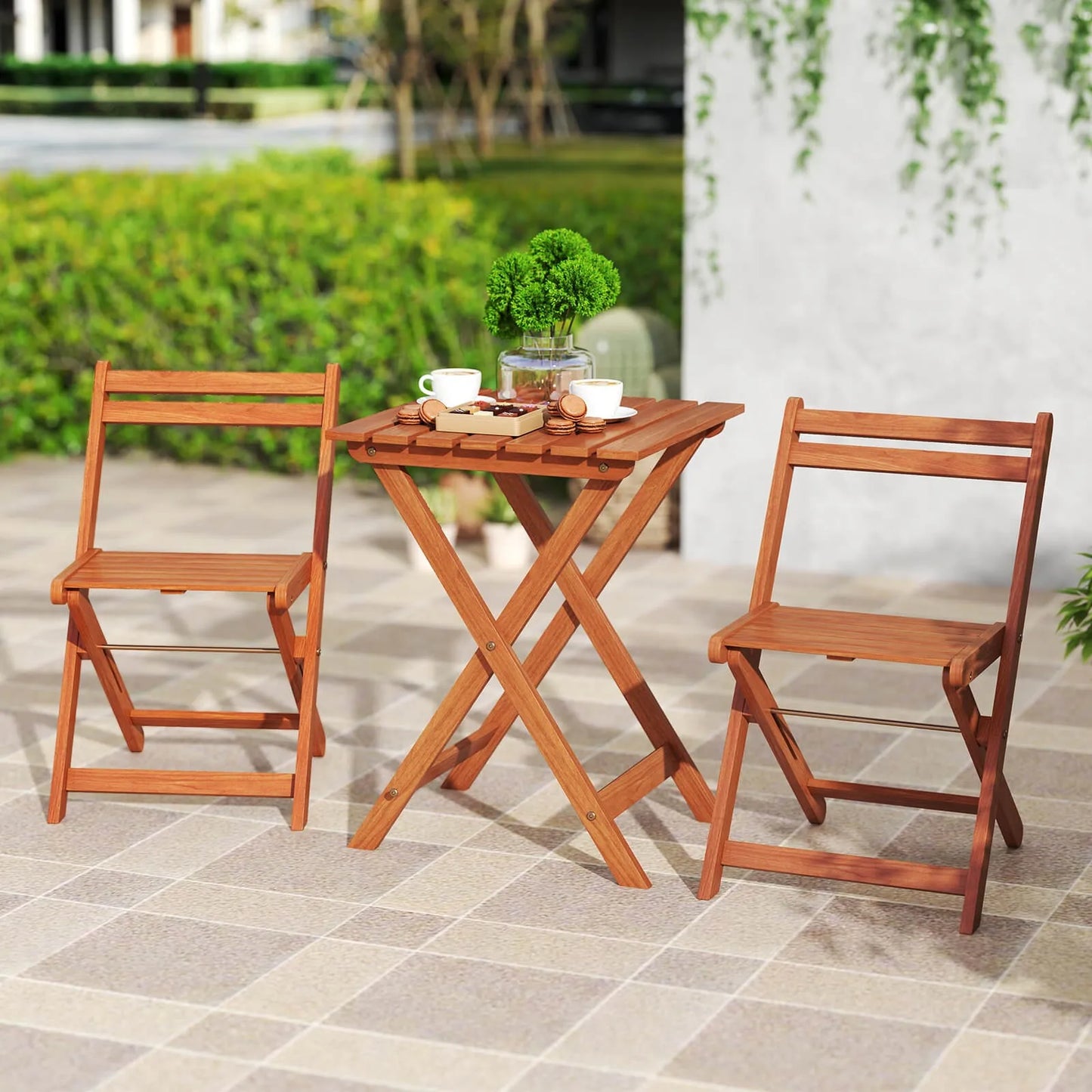 3 Piece Outdoor Wood Bistro Set w/ 2 Folding Chairs & Dining Table for Backyard