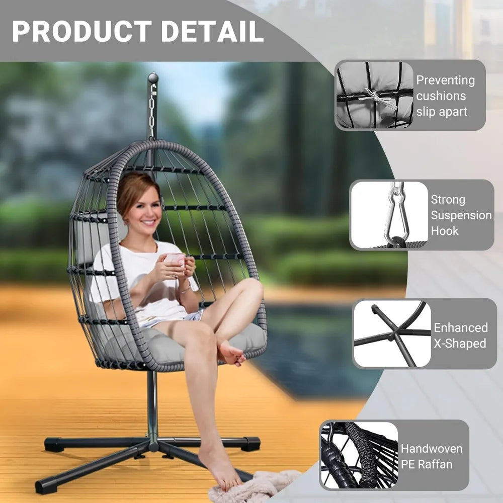 Rattan Wicker Swing Egg Chair with Stand, Aluminum Frame