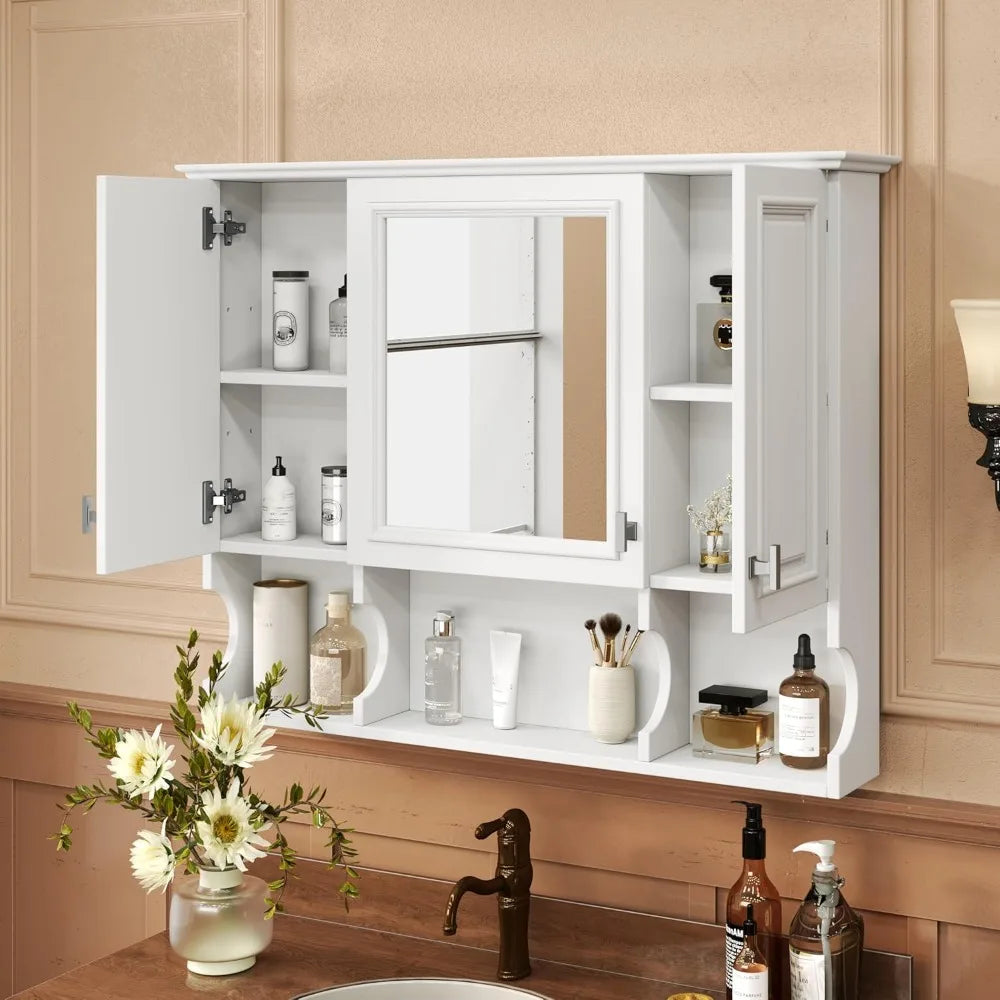 White Bathroom Wall Cabinet With Mirror And Adjustable Shelf