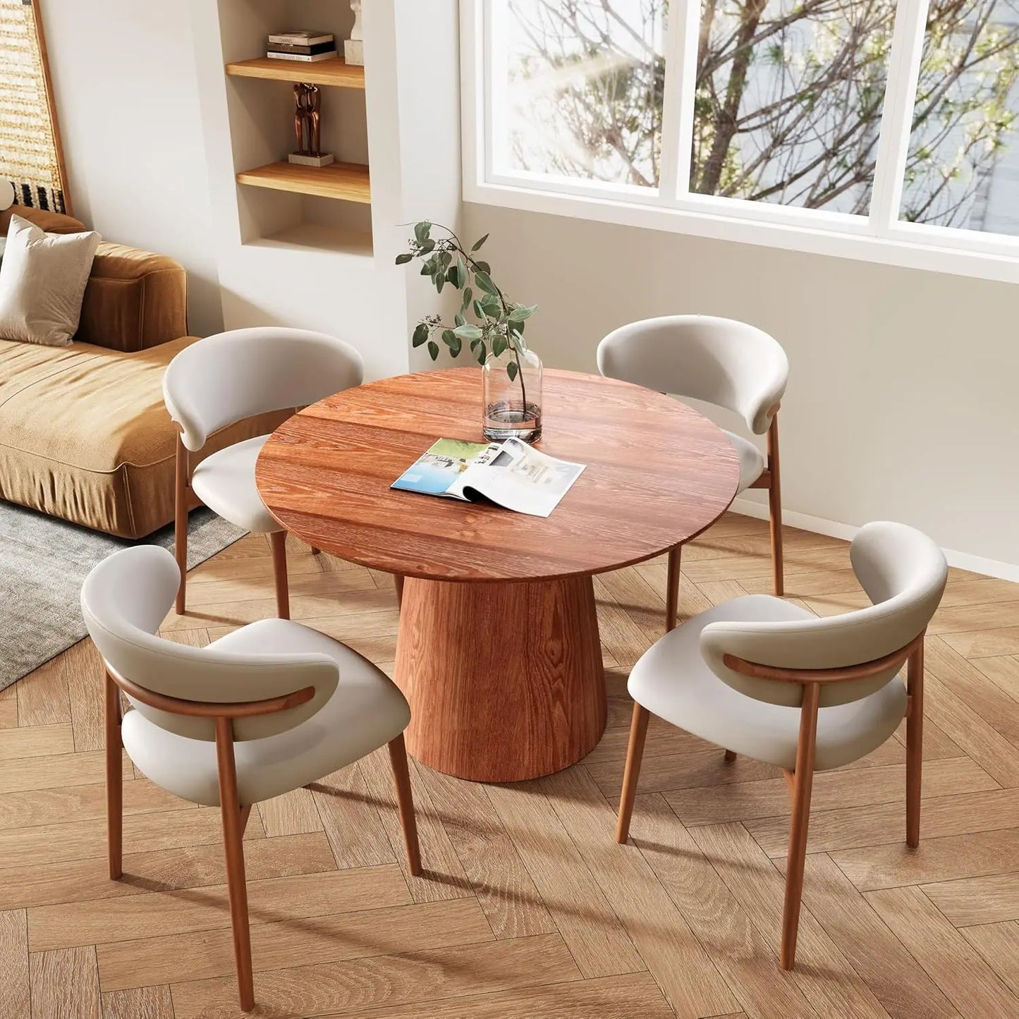 39" Round Dining Table Stone Top With Black Marble Look