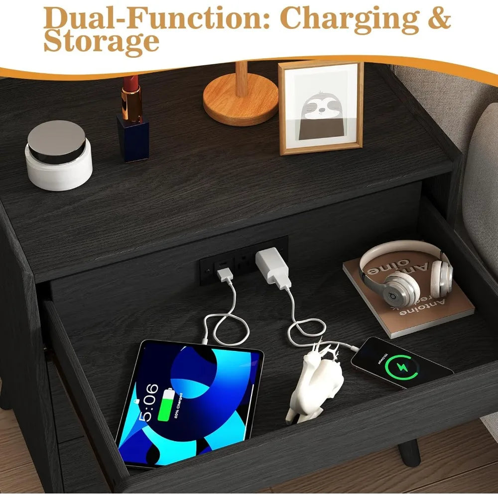 Nightstands, Wood, Set Of 2 With 3 Drawers And Charge Station