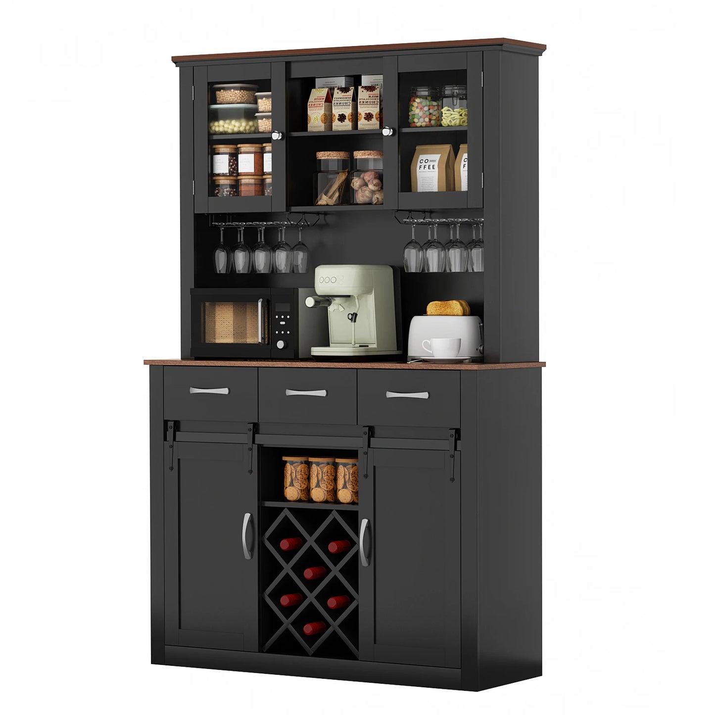72" Tall Farmhouse Bar Cabinet with Sliding Barn Doors, Kitchen Pantry Storage Cabinet with Wine & Glass Racks