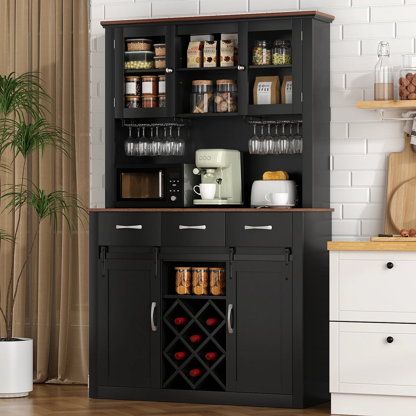 72" Tall Farmhouse Bar Cabinet with Sliding Barn Doors, Kitchen Pantry Storage Cabinet with Wine & Glass Racks