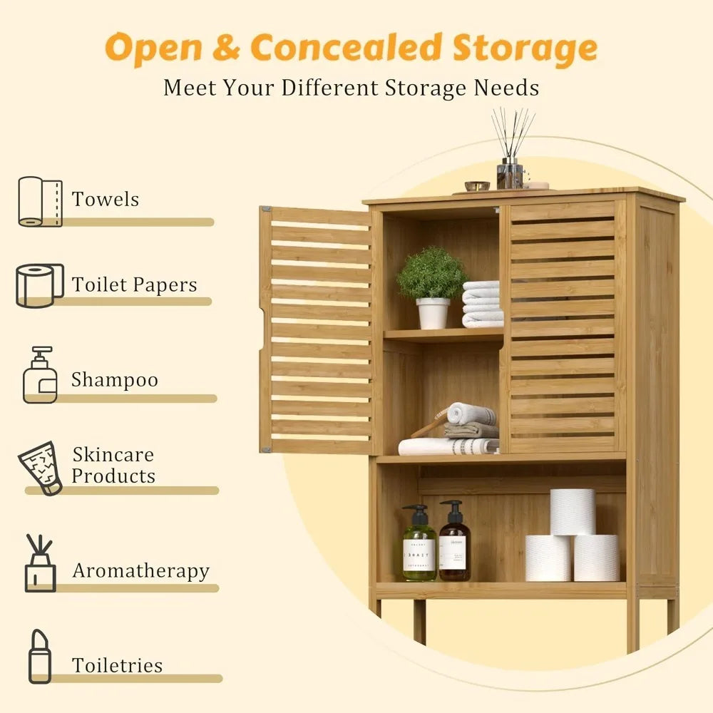 Fully upgraded-Over-The-Toilet Storage Shelf with Doors, Bathroom Freestanding Bamboo Organizer Space Saver with Adjustable Shelf
