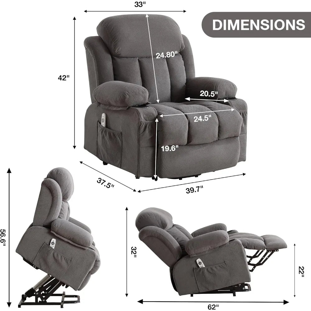 Power Lift Recliner Chair with Heat and Massage, Electric, Fabric Recliner Chair for Elderly with Side Pocket, USB Charge Port