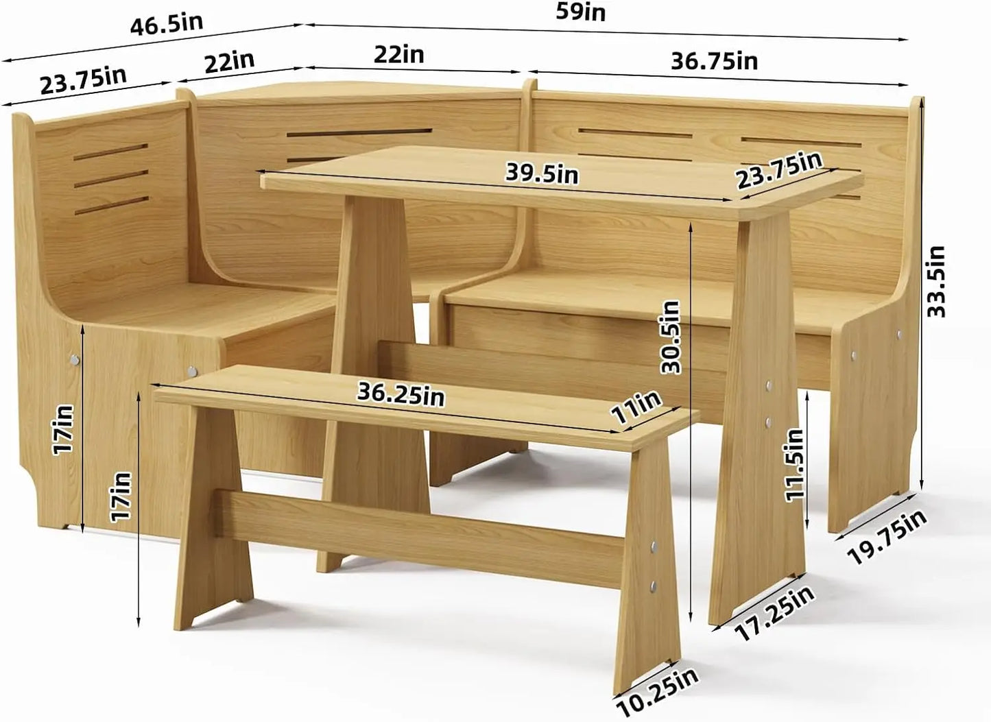 Farmhouse Breakfast Nook Table Set with Corner Bench