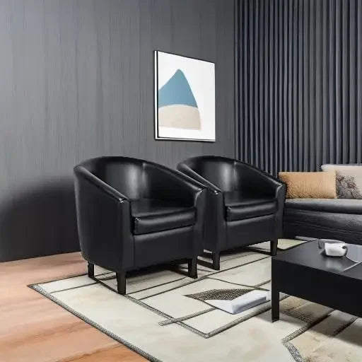 Barrel Chairs, Set Of 2 Faux Leather Club Chairs, Black