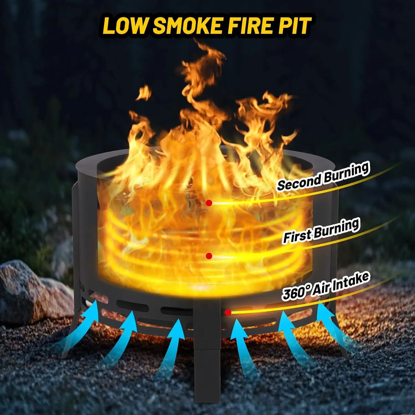 26-Inch Smokeless Fire Pit With Folding Feet For Outdoor Camping