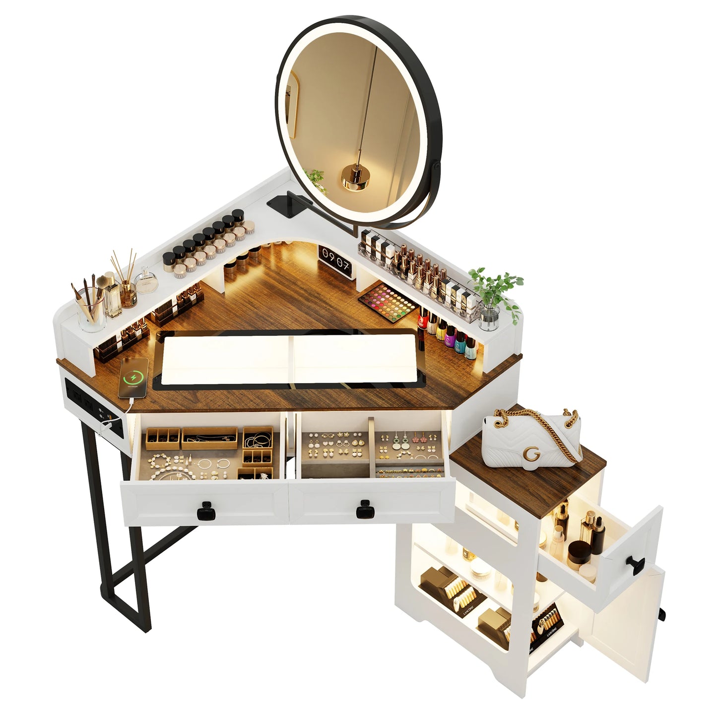 JDPAG Corner Vanity Desk with Mirror and Lights, Makeup Vanity with Charging Station&Human Sensor Light, Dressing Table