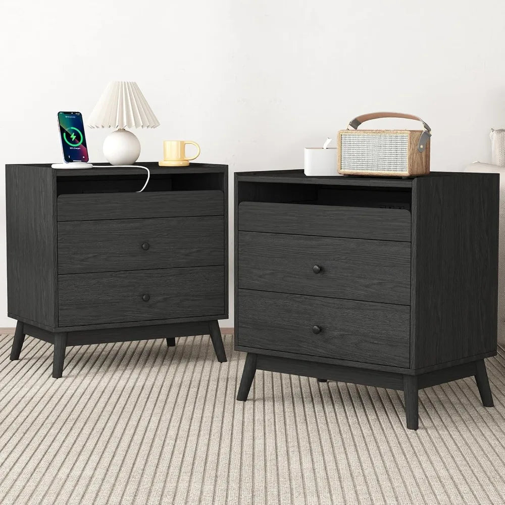 Nightstands, Wood, Set Of 2 With 3 Drawers And Charge Station