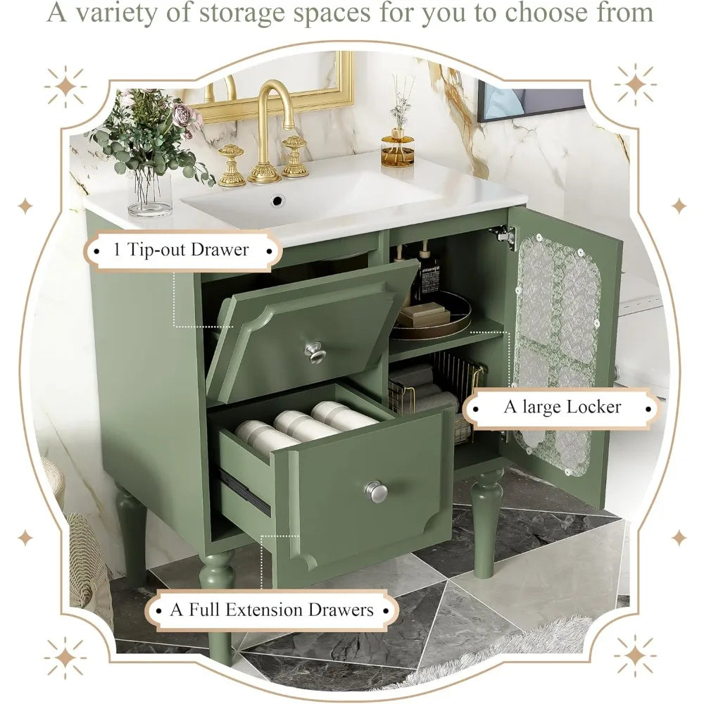 30" French Country Bathroom Vanity with Glass Door Sink