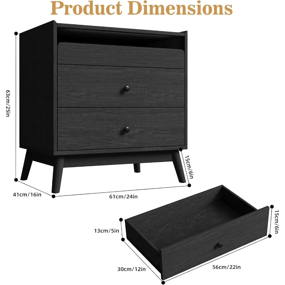 Nightstands, Wood, Set Of 2 With 3 Drawers And Charge Station